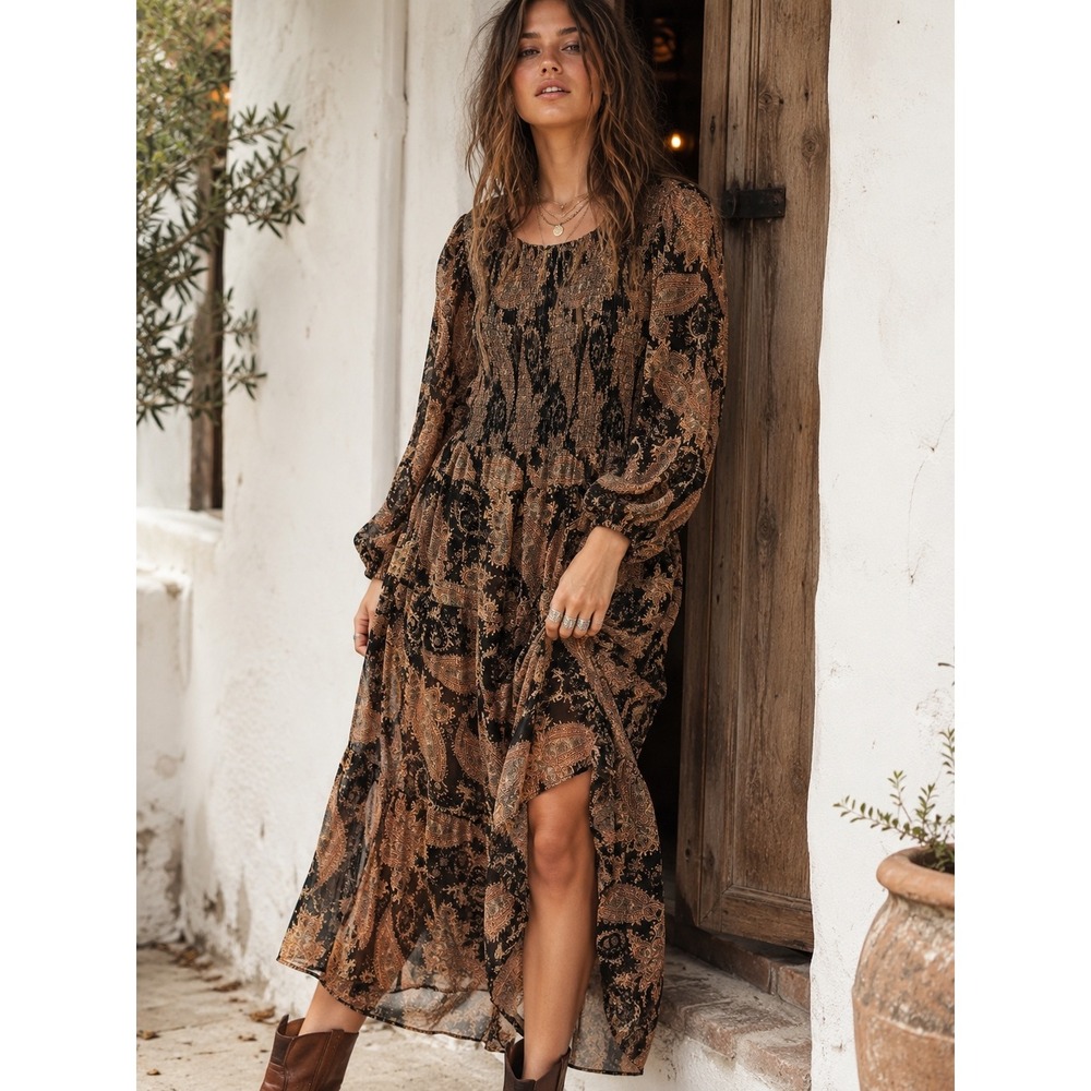NWT $118‎ AQUA Paisley Print Boho Maxi Peasant Dress XL Sheer Festival Hippie